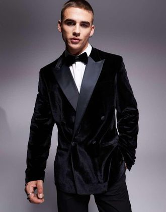 Asos slim double breasted tuxedo jacket in black velvet