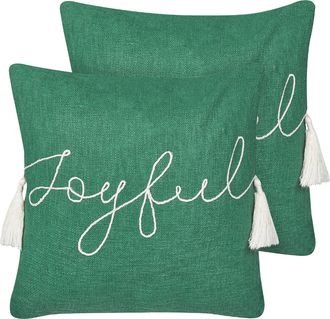 Beliani Conjunto De Cojines Estampado Navidad 45 X 45 Cm Funda De Algod&oacute;n Extra&iacute;ble Relleno Poli&eacute;ster Borlas Verde Elettaria