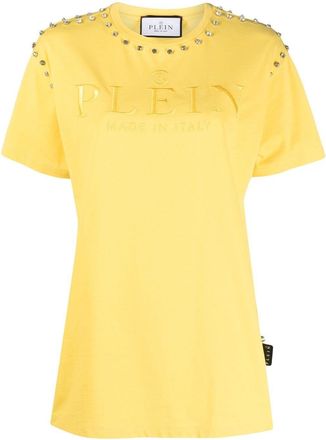 Philipp Plein crystal-embellished logo-embroidered T-shirt - women - Cotton - L - Yellow