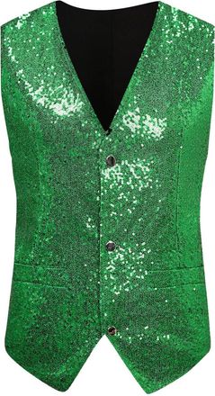 Generic Mens Sequin Shiny Waistcoat Sparkly Casual Suit Vest Festival Disco Party Prom V-neck Button Solid Color Party Dress Suit Prom Party Tuxedo Business W