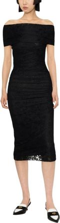 Philosophy di Lorenzo Serafini Off-Shoulder Floral-Lace Midi Jurk - Dames - Casual kleedjes - Zwart - XS - Leer - Kleedjes