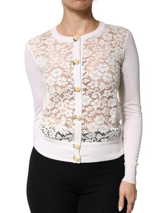 Dolce & Gabbana Cream Lace Knit Rose Button Cardigan Womens Sweater