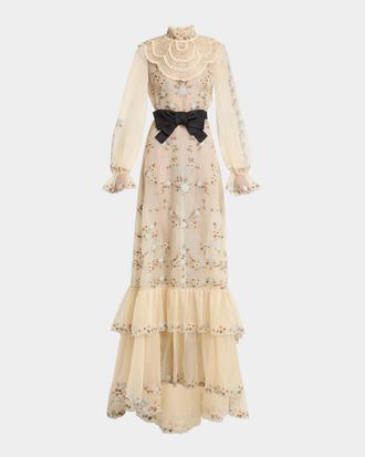 Valentino Garavani Ruffle Embroidered Bib Long-Sleeve Bow Gown