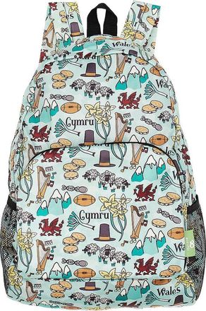 Eco Chic Lightweight Foldable Water Resistant Backpack Rucksack Folds into Pouch for Storage (Wales Montage Blue)
