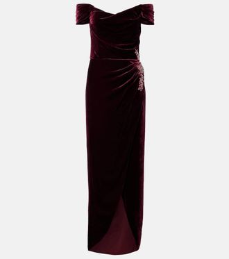 Costarellos Embellished off-shoulder velvet gown