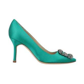 Manolo Blahnik Pumps, female, Green, Size: 5 US Crystal Buckle Green Satin Pumps