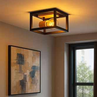 Globo Lighting Lampada Da Soffitto Lampada Retr&ograve; In Legno Lampada Da Soffitto Con Struttura Nera Faretto Da Soffitto Orientabile, Metallo Colore Naturale 1x E27, Hxl