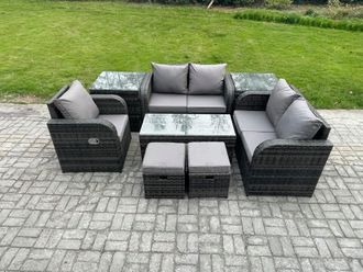 Fimous 7 Seater Rattan Outdoor Garden Furniture Sofa Set Patio Table & Chairs Set with 2 Side Tables 2 Small Footstools Dark Grey Mixed
