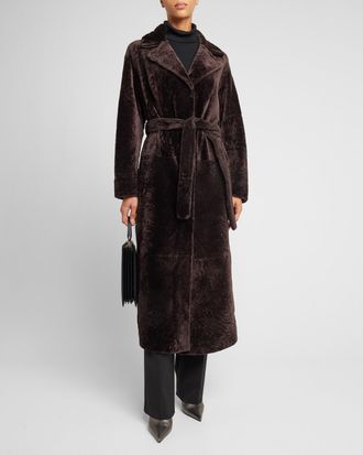 Gorski Reversible Shearling Lamb Belted Long Coat With Side Slits