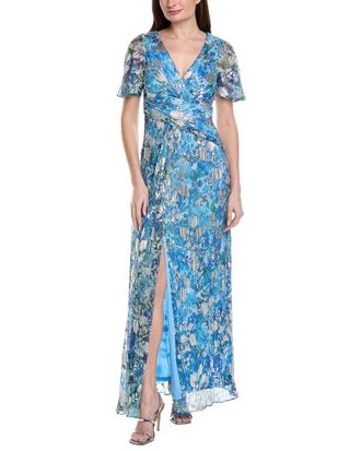 Adrianna Papell Flutter Sleeve Crinkle Foil Floral Gown