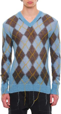 Marni Argyle Pattern V-Neck Sweater With Distressed Finish