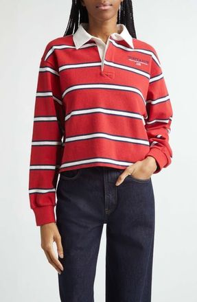 Sporty & Rich Nautical Embroidered Stripe Crop Rugby Polo in Ruby/Dark Navy/White at Nordstrom, Size X-Large