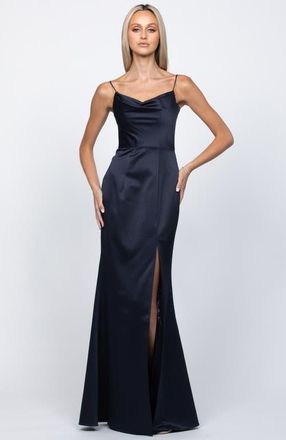 Bariano Stephanie Cowl Draped Satin Gown in Midnight at Nordstrom, Size 8