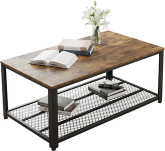 Relaxdays Tavolino Relaxdays, stile industriale, HxLxP 45 x 106 x 60 cm, effetto legno, ripiano a griglia, salotto, marrone/nero