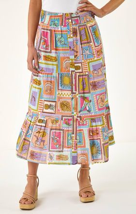 Roman Patchwork Print Shirred Midi Skirt