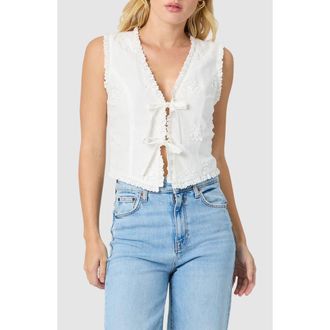 All in Favor Ruffle Embroidered Tie Front Cotton Tank in White at Nordstrom Rack, Size X-Large