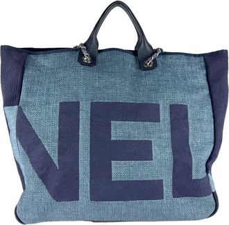 Chanel Blue Raffia Canvas Shoulder Bag Tote Bag (Pre-Owned)