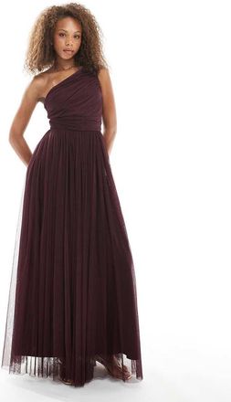 Lace & Beads Vestito lungo monospalla da cerimonia color prugna-Rosso