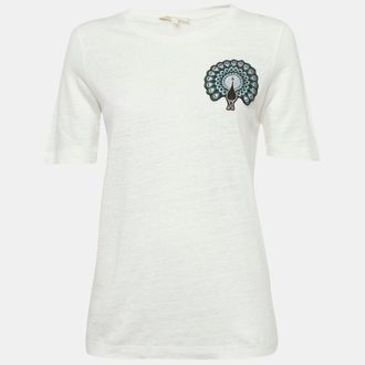 Maje White Cotton Knit Peacock Patch Detail T-Shirt