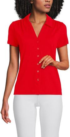 Lands End Linen Blend Short Sleeve Button Front Polo Top in Coral Red at Nordstrom, Size Large