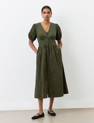Finery Arlow Short Sleeve Corduroy Midi Dress in Khaki at Nordstrom, Size 14