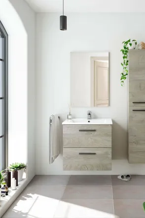 Dmora Mobile Sottolavabo Fontana, Mobiletto Per Bagno A 2 Cassetti, Armadietto Sospeso Con Specchio, Lavabo Non Incluso, 60x45h57 Cm, Rovere