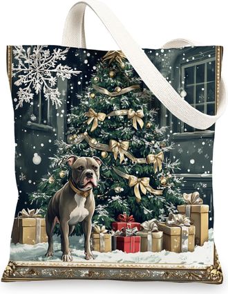 Generic Retro Christmas Pitbull Dog Canvas Tote Bag for Shopping 13x15, Winter Xmas Tree Puppy Reusable Grocery Print Pattern Bag for Women Men, Pet Aesthetic