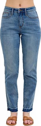 Judy Blue Mid Rise Rigid Magic Release Hem Boyfriend Denim Jean In Medium Blue