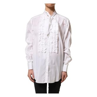 Dolce & Gabbana Shirts, female, White, Size: XL Ruffled Bib Long Sleeves Blouse