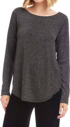 Karen Kane Long Sleeve Metallic Stripe Shirttail Top - Petite In Black With Silver