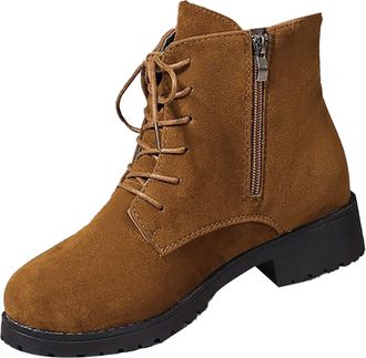 Generic Ankle Boots For Women Low Chunky Heel Ankle Boots Lace Up Zipper Lightweight Outdoor Shoes British Style Short Boots Solid Color Side Zipper Boots Rou