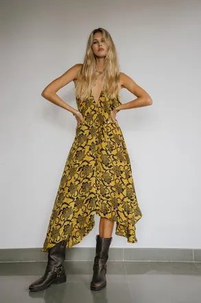 Sun Child Classic Silk Dress Romeo in Yellow & Black at Nordstrom