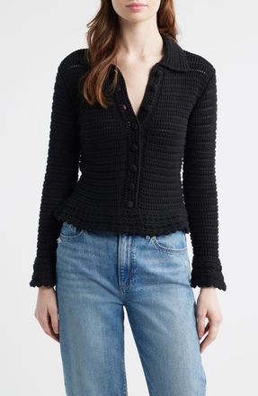 Madewell Pointelle Knit Peplum Cotton Cardigan in Jet Black at Nordstrom, Size Xx-Large