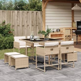 vidaXL Set Comedor De Jard&iacute;n 9 Pzas Con Cojines Rat&aacute;n Sint&eacute;tico Beige Vidaxl