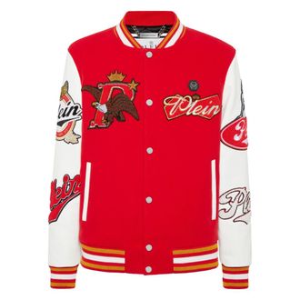 Philipp Plein Varsity Bomber met leren mouwen Eagle - Heren - Bomber jackets - Rood - 4XL - Leer - Jassen