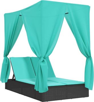 vidaXL Tumbona Doble Con Techo Y Cortinas Rat&aacute;n Sint&eacute;tico Negro Vidaxl