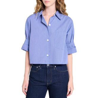 TWP Next Ex Crop Cotton Button-Up Shirt in White/Navy at Nordstrom, Size X-Small