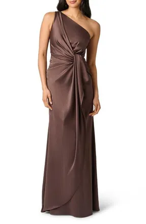 Adrianna Papell One-Shoulder Matte Satin Gown in Dark Brown at Nordstrom, Size 10