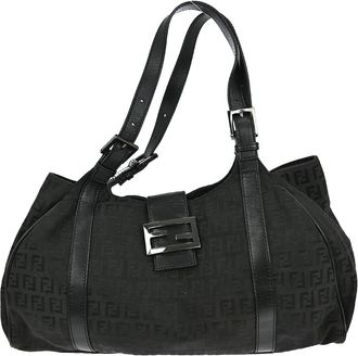 Fendi Belted Shoulder Bag Zucchino Canvas Black Canvas Handbag (Pre-Owned)
