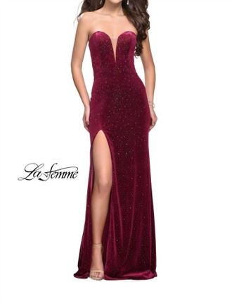 La Femme Sparkly Jersey Gown In Raspberry