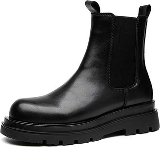 Generic Mens Black Round Toe Platform Chelsea Boots, Waterproof Slip-On Ankle Boots, Fashion Casual Walking Shoes for Autumn Winter,Black,7.5 UK