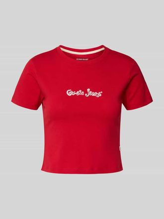 Guess Cropped T-Shirt mit Label-Stitching in Rot, Gr&ouml;&szlig;e XL