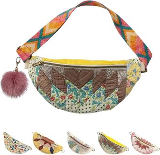 Generic Vintage-Inspired Patchwork Quilted Sling Bag,Handmade Lightweight Curved Boho Crossbody Bag,Large Capacity Shoulder Satchel