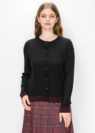 YAL New York Black Ribbed Cardigan with Burgundy Trim