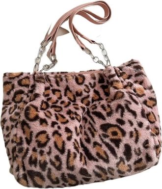Generic Womens Plush Bags Plush bag Simple Women Leopard Tote Bag Lady Shoulder Chain Large Capacity Commuter Handle(Color 1)