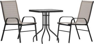 Flash Furniture 3 Piece Set - 23.5 Tempered Glass Patio Table, 2 Brown Stack Chairs