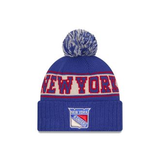 New Era NHL Unisex-Adult Primary Logo Retro Pom Cuffed Knit Fleece Lined Cold Weather Beanie Hat, New York Rangers - Blue, One size