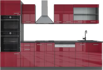 Vicco Mueble De Cocina R-line, Burdeos Brillo Intenso/antracita, 300 Cm Con Armario Alto, Et Antracita