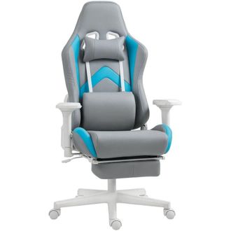 HOMCOM Homcom - Silla Gaming Silla Gamer Reclinable Con Altura Ajustable Reposapi&eacute;s Retr&aacute;ctil Soporte Lumbar Y Reposacabezas Desmontable Gris Claro Y Azul