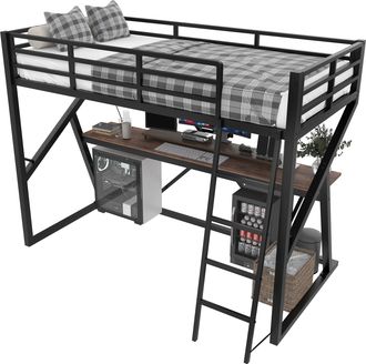 STILVORA Cama Alta 90 X 200 Cm Con Led, Escritorio Y Barandilla, Sin Colch&oacute;n, De Metal, Negro